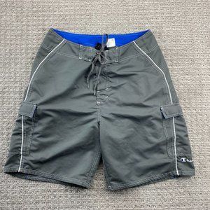 Champion Swim Trunks Men Medium M Gray Blue Bathing Suit Board Shorts Embroider